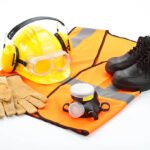 Personal Safety Workwear Isolated on White Background. Includes Hard Hat, Safety Glasses, Earmuff, Gloves, Steel Toe Shoes and Safety Vest.  See Related Photos on my Portfolio.http://i1215.photobucket.com/albums/cc503/carlosgawronski/SafetyWorkwear.jpg
